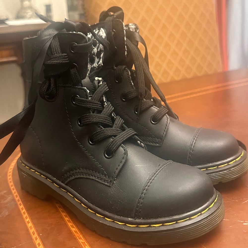 New Black Doc Marten Kids Boots with Patterned Lining